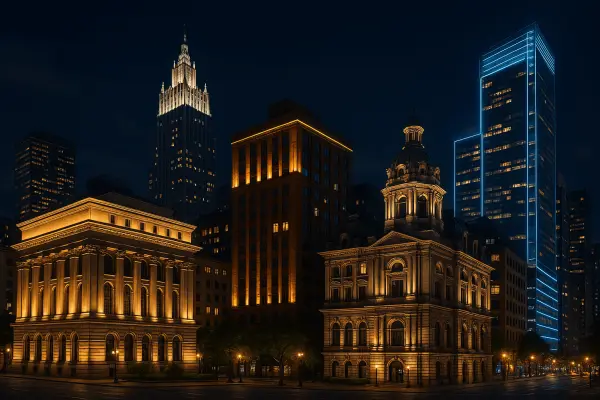 Night panorama of a city with architectural illumination of buildings in different styles