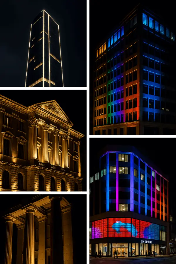 Examples of facade lighting types: contour, flood, accent, dynamic and media facades